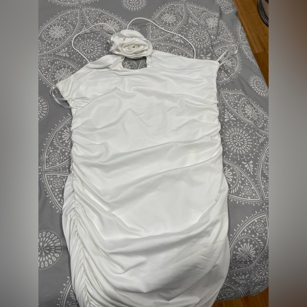 White ruched mini rosette dress